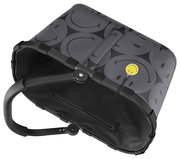 Grauer Einkaufskorb mit schwarzen Smiley-Motiven und gelbem Smiley-Anhänger, von oben betrachtet.