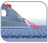 Illustration eines Dampfbügeleisens Virtuo, das aus seitlicher Perspektive Dampf auf ein Stoffgewebe sprüht.