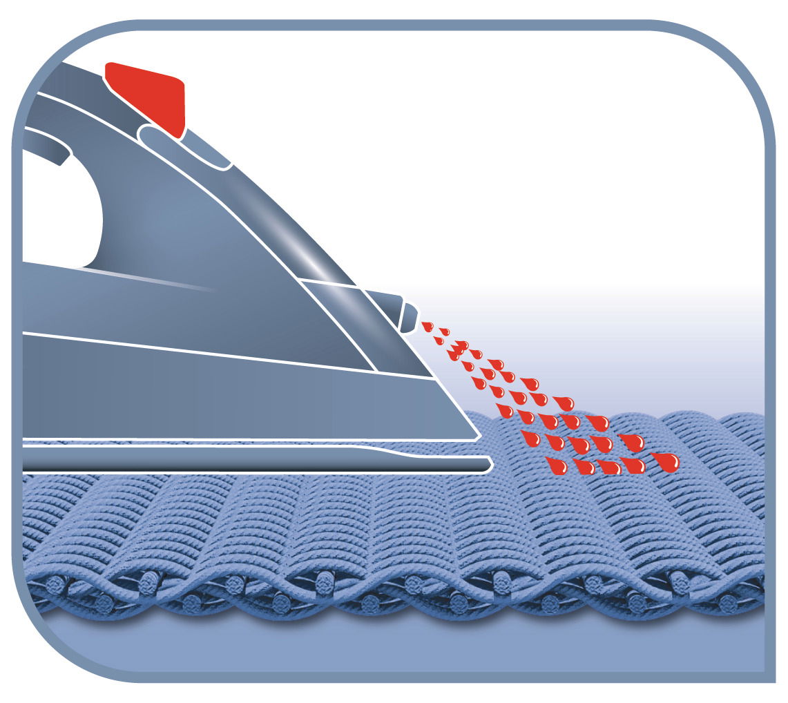 Illustration eines Dampfbügeleisens Virtuo, das aus seitlicher Perspektive Dampf auf ein Stoffgewebe sprüht.