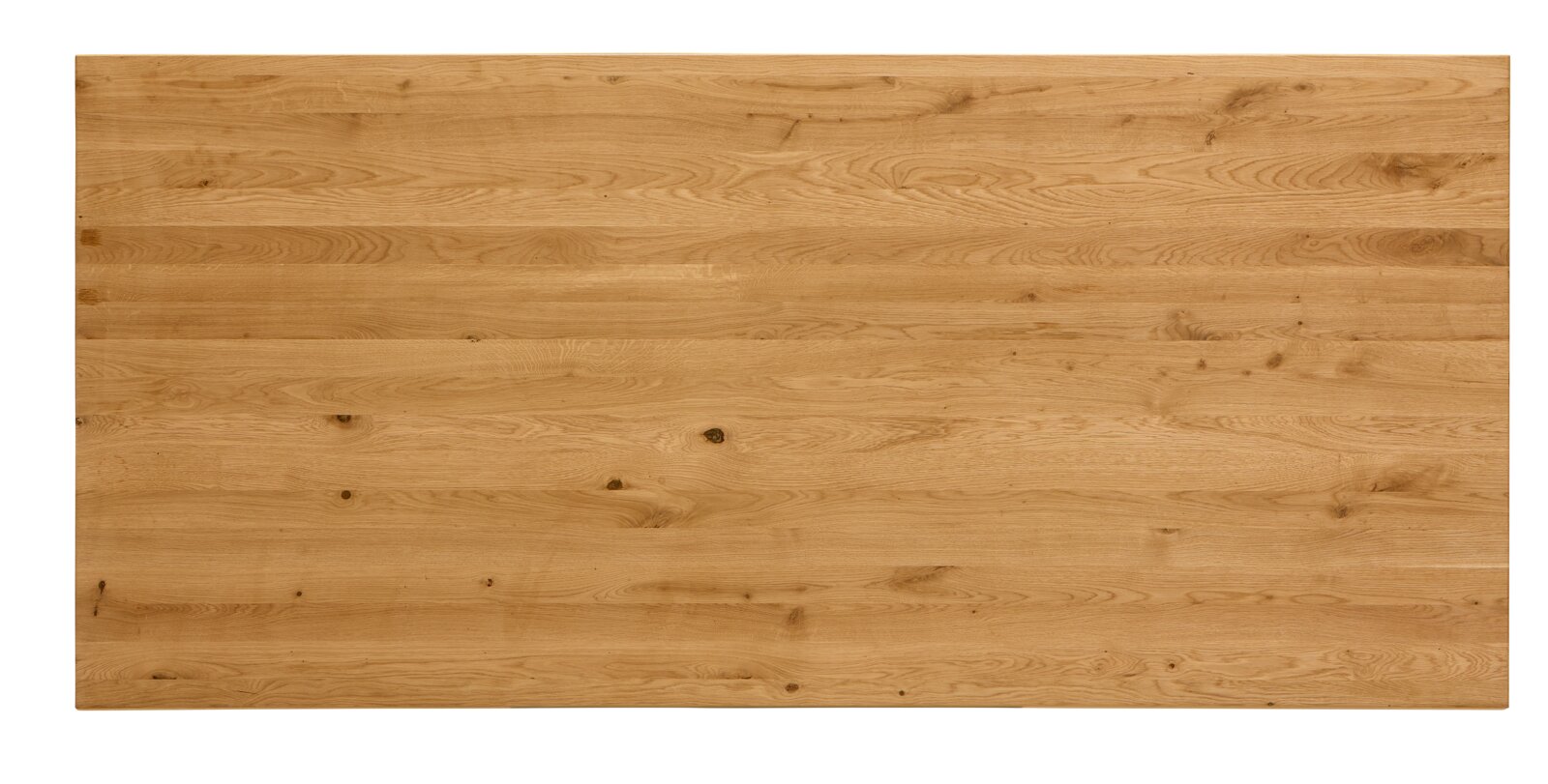 Rechteckige Holz-Tischplatte in heller Eiche-Optik mit sichtbarer Maserung und kleinen Astlöchern, Draufsicht von oben auf weißem Hintergrund