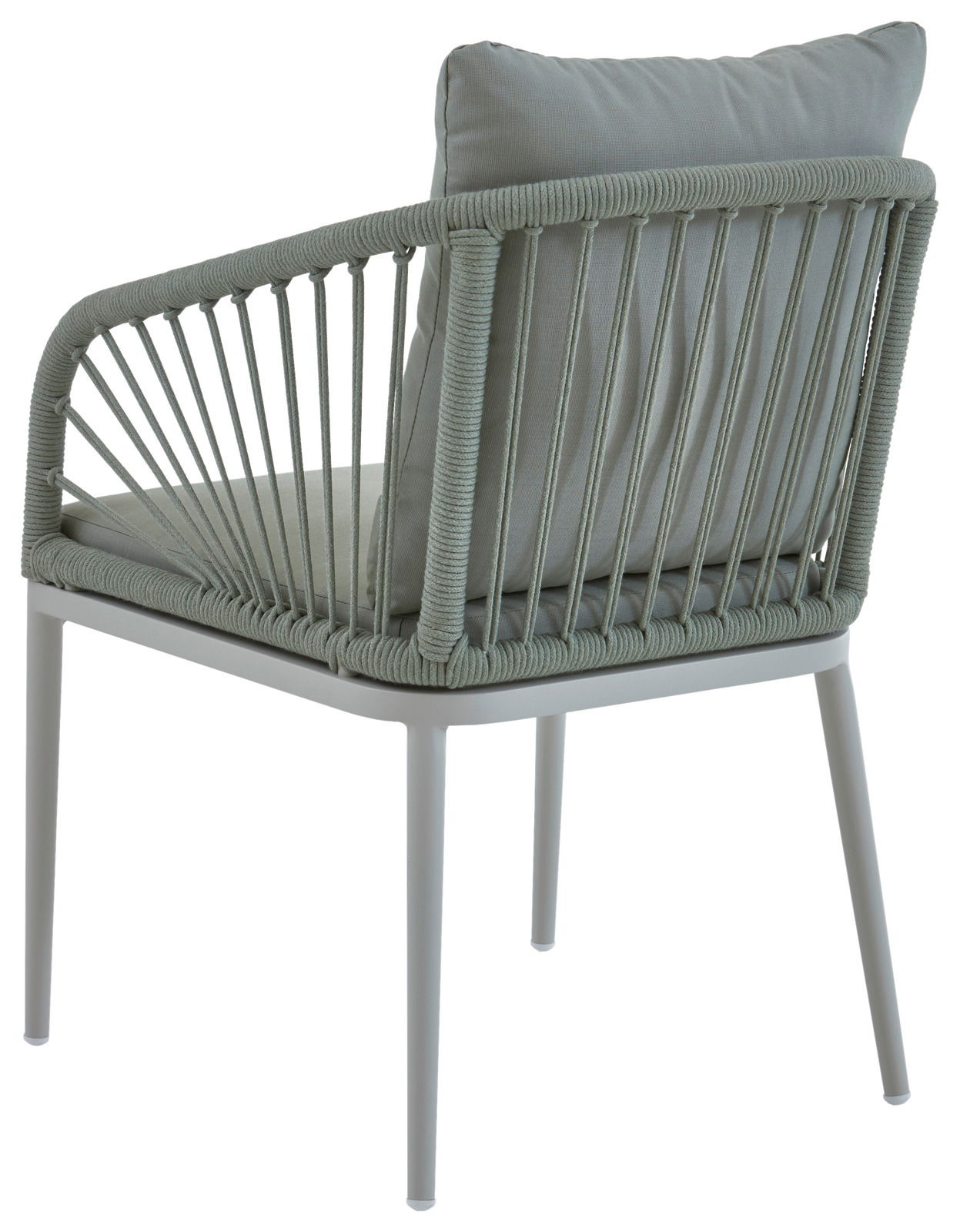 Rückansicht eines Sessels mit geflochtenem Seil-Design und Kissen, seitliche Perspektive