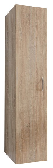 Holzfarbener Kleiderschrank mit einer Tür und silbernem Griff, seitliche Perspektive