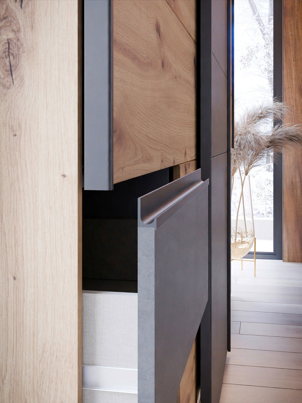 Nahaufnahme eines Schwebetürenschranks mit Holz- und Metallelementen, seitliche Perspektive.