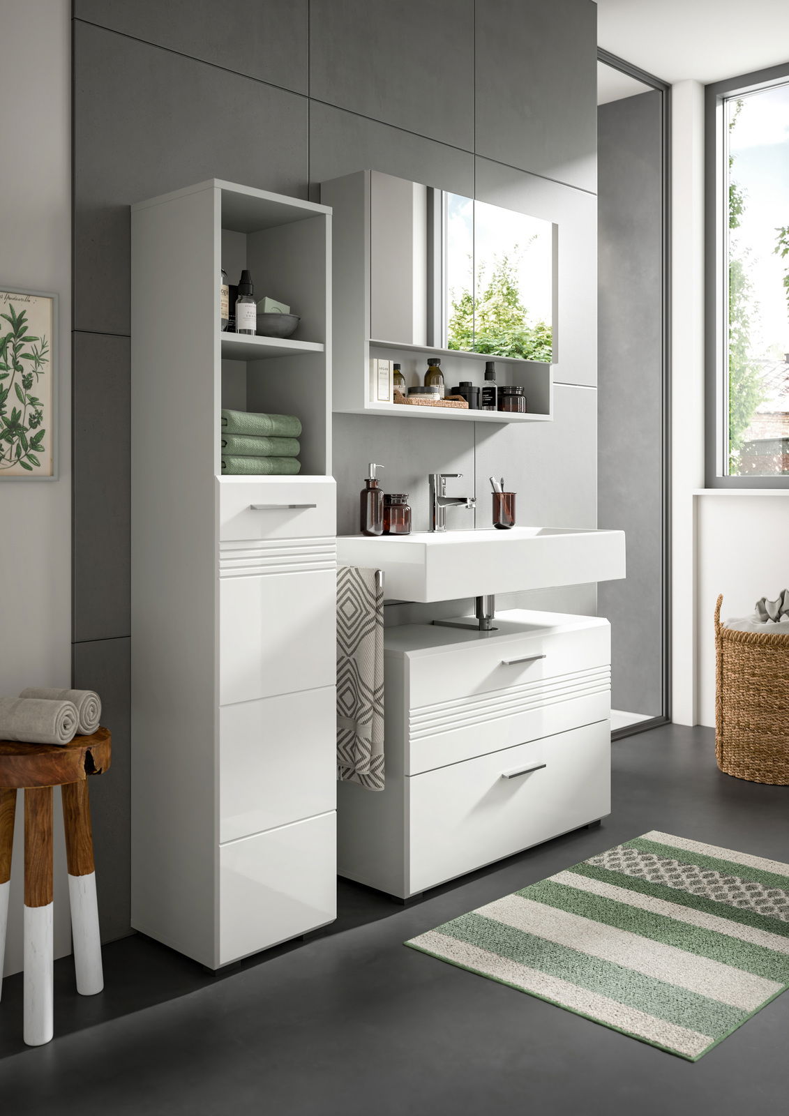 MID.YOU Waschbeckenunterschrank COPA Moderner weißer Waschbeckenunterschrank in einem stilvollen Badezimmer, seitliche Perspektive.