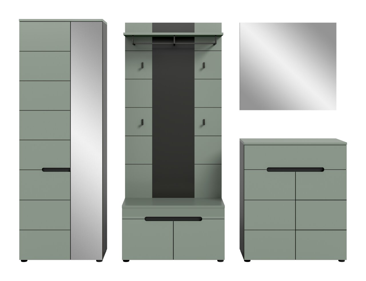 Modernes Garderobenmöbel-Set in Salbeigrün und Anthrazit mit Hochschrank, Garderobenpaneel mit Hutablage und Haken sowie Kommode, gezeigt in Frontansicht; zusätzlich Detailansicht einer spiegelnden Oberfläche.