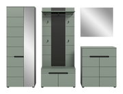 Modernes Garderobenmöbel-Set in Salbeigrün und Anthrazit mit Hochschrank, Garderobenpaneel mit Hutablage und Haken sowie Kommode, gezeigt in Frontansicht; zusätzlich Detailansicht einer spiegelnden Oberfläche.