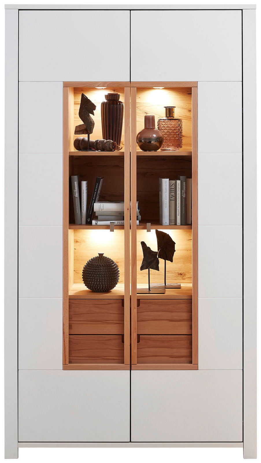 Moderne Vitrine mit Holz- und Glaselementen, frontal fotografiert, mit dekorativen Objekten und Beleuchtung.