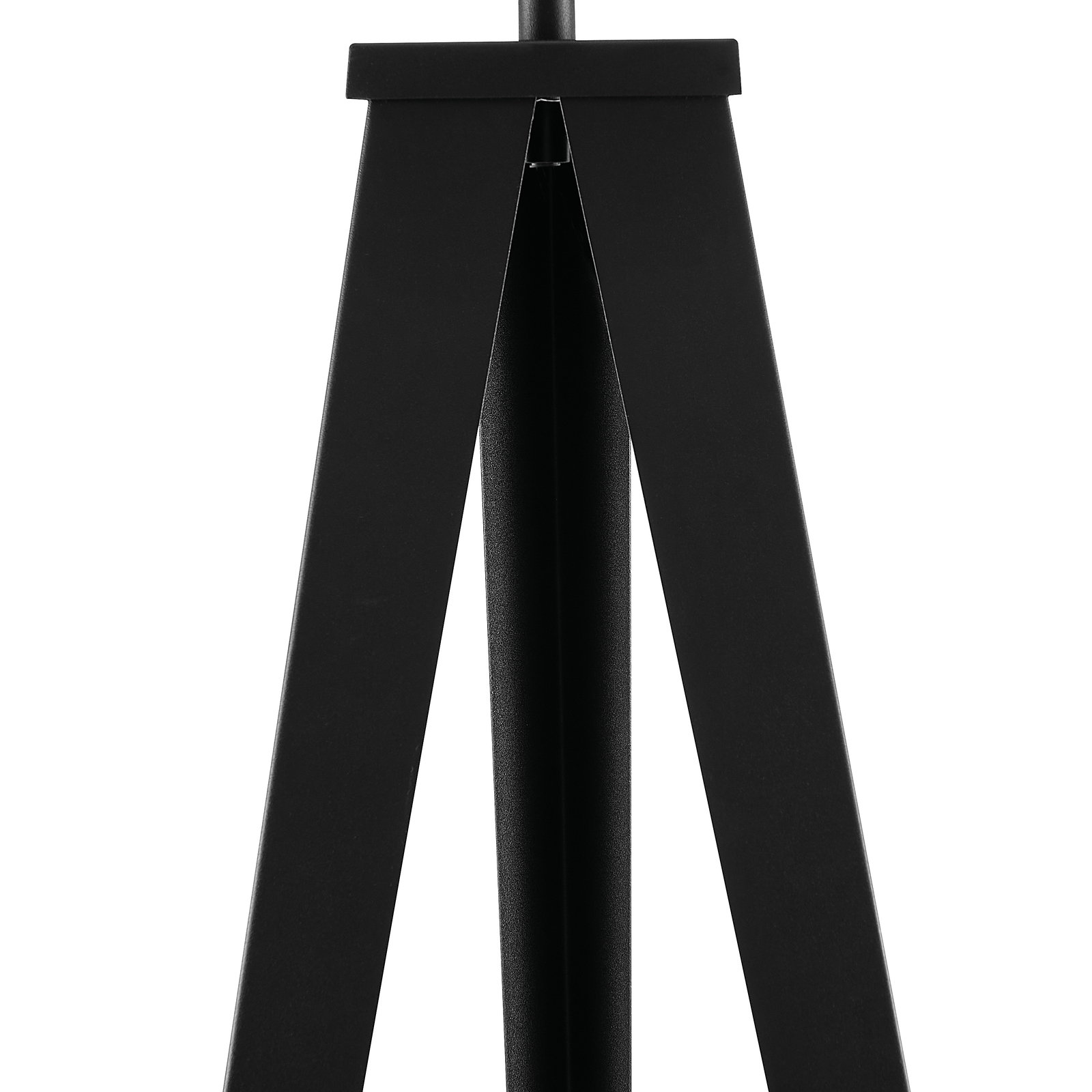 Nahaufnahme des schwarzen Metallgestells einer Stehleuchte aus der Frontalperspektive.