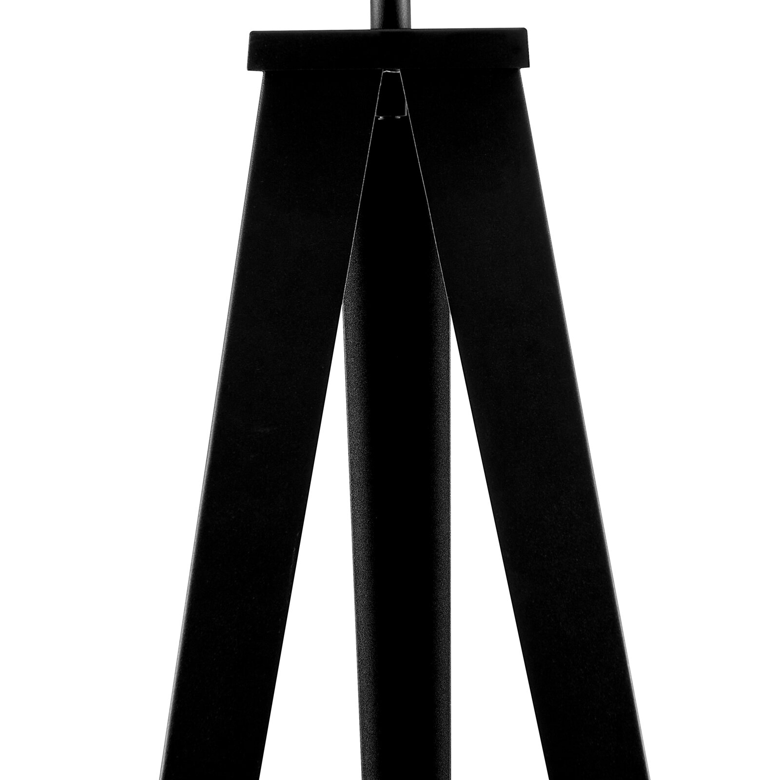 Nahaufnahme des schwarzen Metallgestells einer Stehleuchte aus der Frontalperspektive.