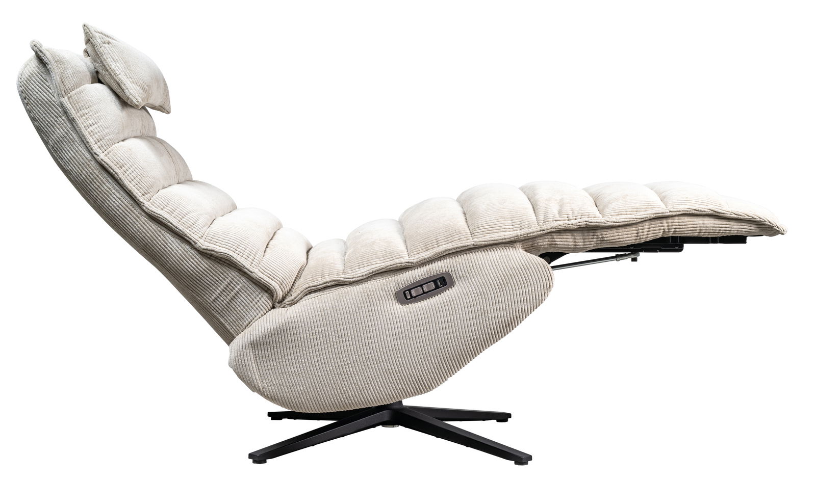 Seitliche Ansicht einer beigen Relaxliege mit verstellbarer Rückenlehne und gepolstertem Sitz auf einem schwarzen Drehfuß.