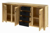 Holz-Sideboard mit zwei offenen Türen und vier schwarzen Schubladen, Frontalansicht