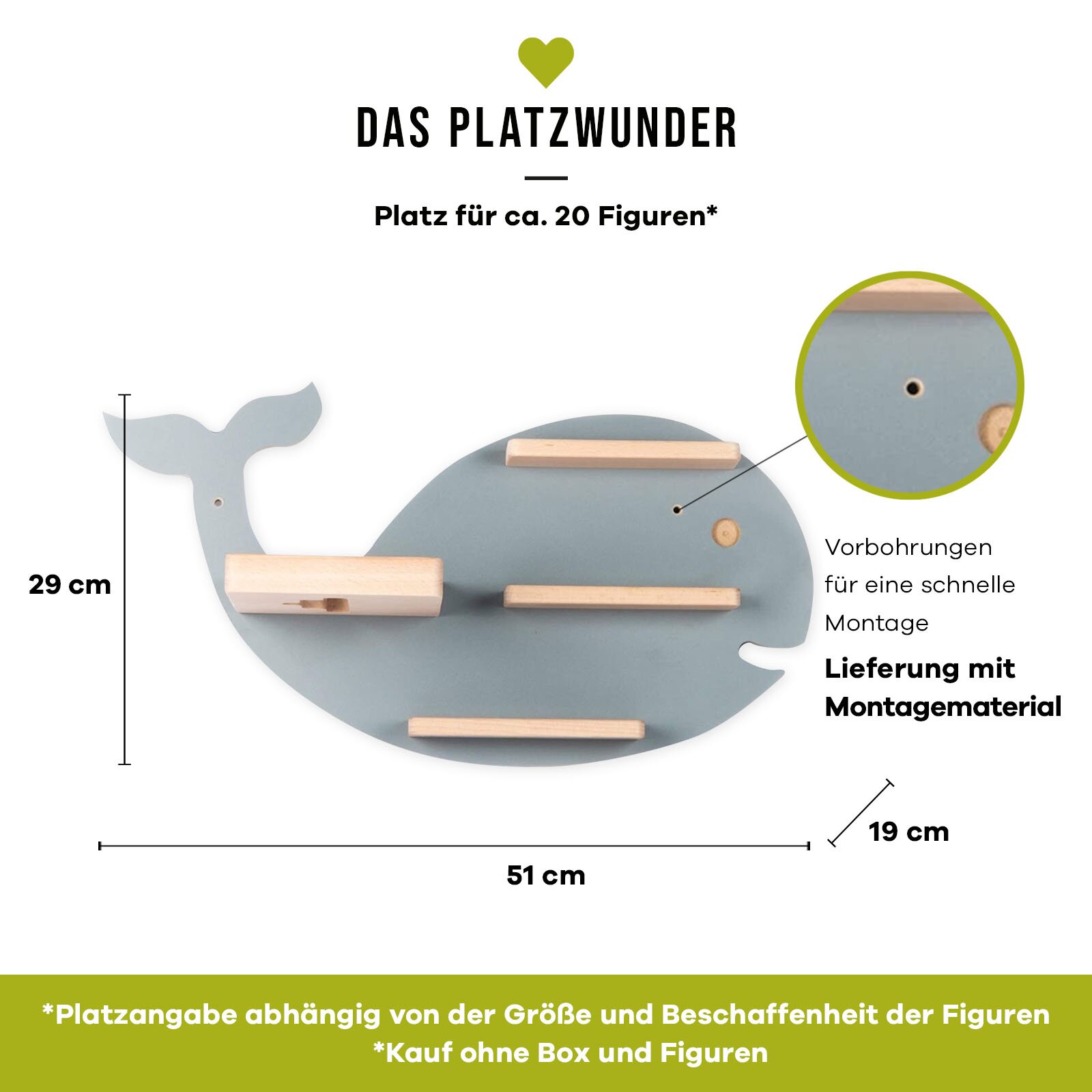 Wandregal in Wal-Form (grau) mit mehreren Holzleisten, ca. 51 x 29 cm, Vorbohrungen und Montagematerial, dargestellt in Frontalansicht.