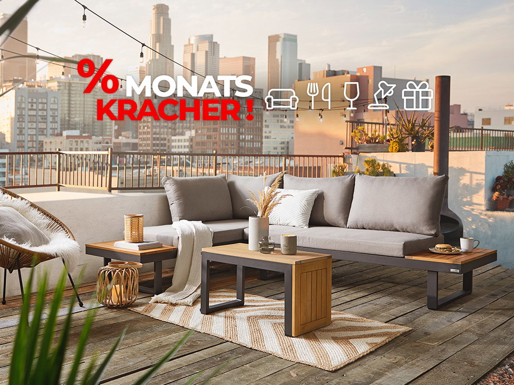 Moderne Lounge auf Dachterrasse mit Stadtblick, Monatskracher-Angebot für Möbel und Wohnaccessoires