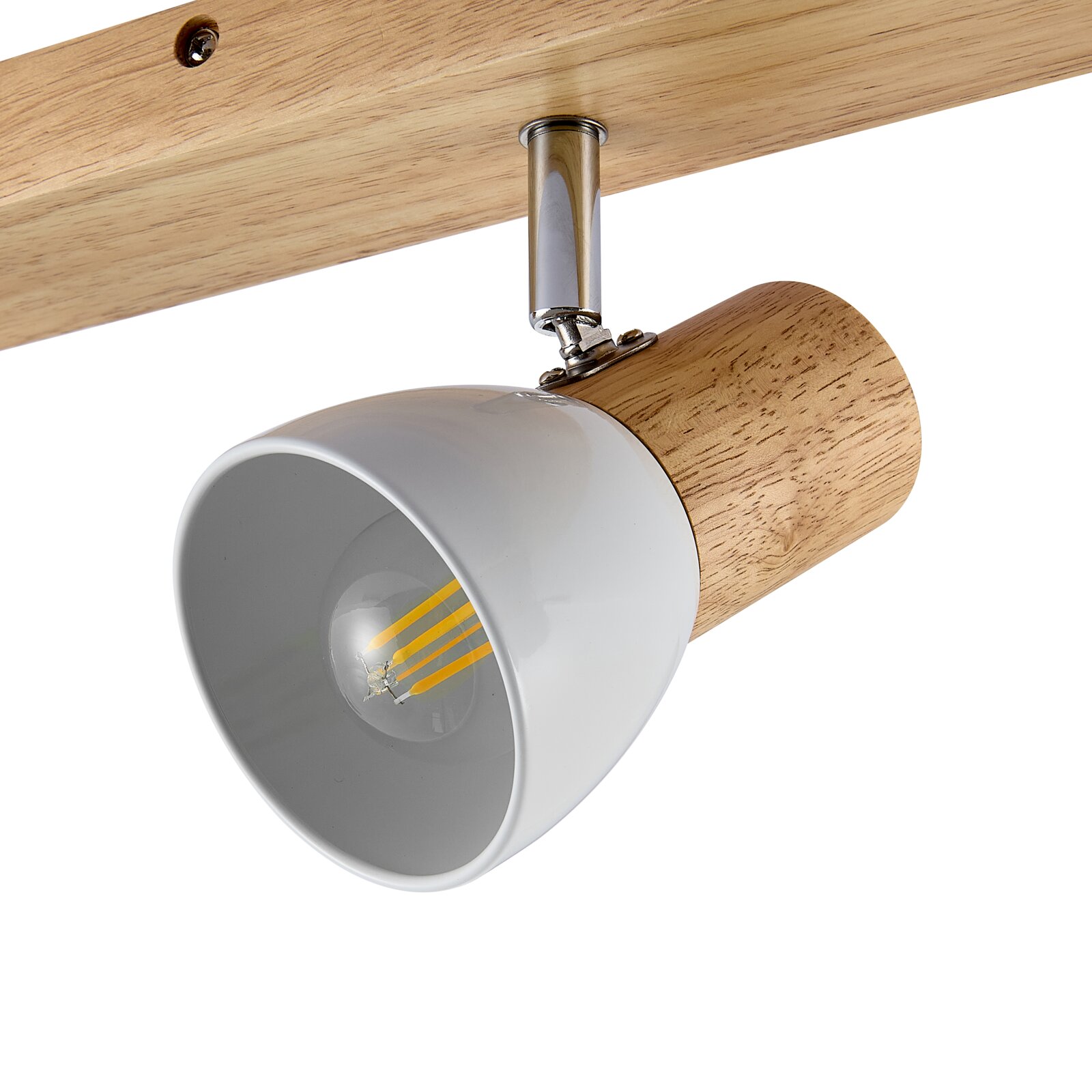 Moderner Strahler mit Holz- und Metallelementen, seitliche Perspektive