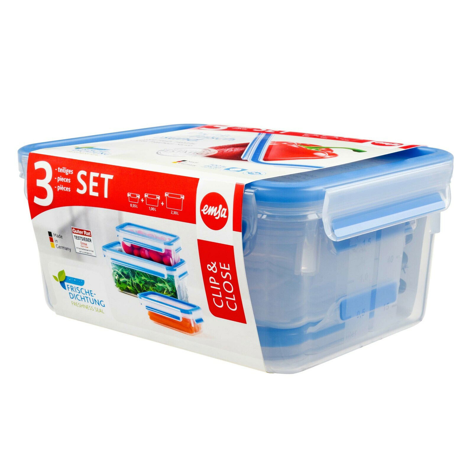 3-teiliges Frischhaltedosen-Set CLIP & CLOSE mit blauen Deckeln, seitliche Perspektive