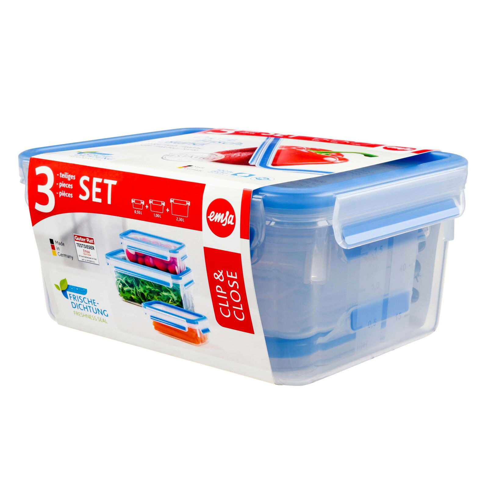 3-teiliges Frischhaltedosen-Set CLIP & CLOSE mit blauen Deckeln, seitliche Perspektive