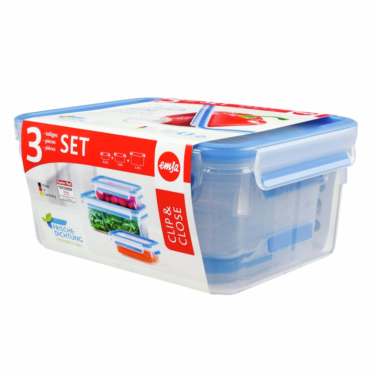 3-teiliges Frischhaltedosen-Set CLIP & CLOSE mit blauen Deckeln, seitliche Perspektive