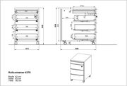Technische Zeichnung eines Rollcontainers mit drei Schubladen, auf Rollen, in der Seiten- und Frontalansicht. Maße: Breite 42 cm, Höhe 63 cm, Tiefe 60 cm.