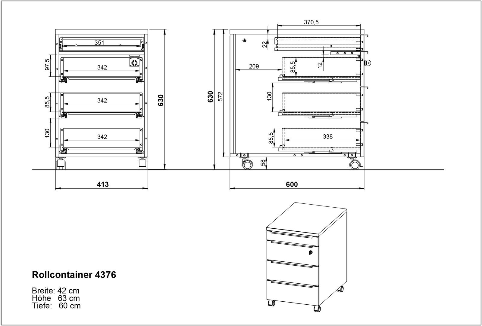 Technische Zeichnung eines Rollcontainers mit drei Schubladen, auf Rollen, in der Seiten- und Frontalansicht. Maße: Breite 42 cm, Höhe 63 cm, Tiefe 60 cm.