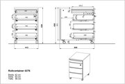 Technische Zeichnung eines Rollcontainers mit drei Schubladen, auf Rollen, in der Seiten- und Frontalansicht. Maße: Breite 42 cm, Höhe 63 cm, Tiefe 60 cm.