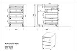 Technische Zeichnung eines Rollcontainers mit drei Schubladen, auf Rollen, in der Seiten- und Frontalansicht. Maße: Breite 42 cm, Höhe 63 cm, Tiefe 60 cm.