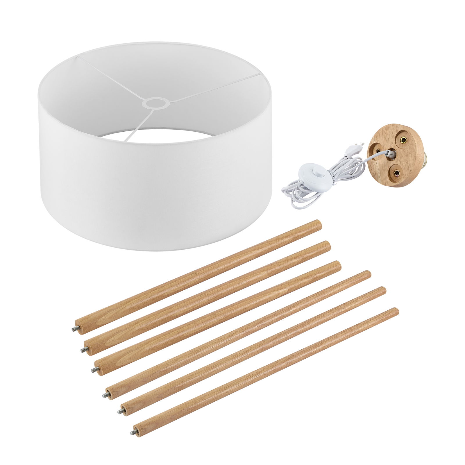 Einzelteile einer Stehleuchte aus Holz und Stoffschirm, von oben betrachtet.