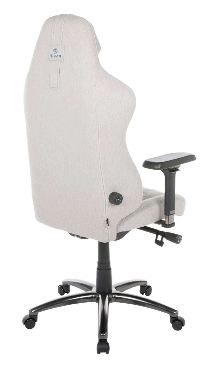 HIVAR Gaming Stuhl ORBICAL Rückansicht eines grauen Gaming-Stuhls mit verstellbaren Armlehnen und stabiler Basis auf Rollen.