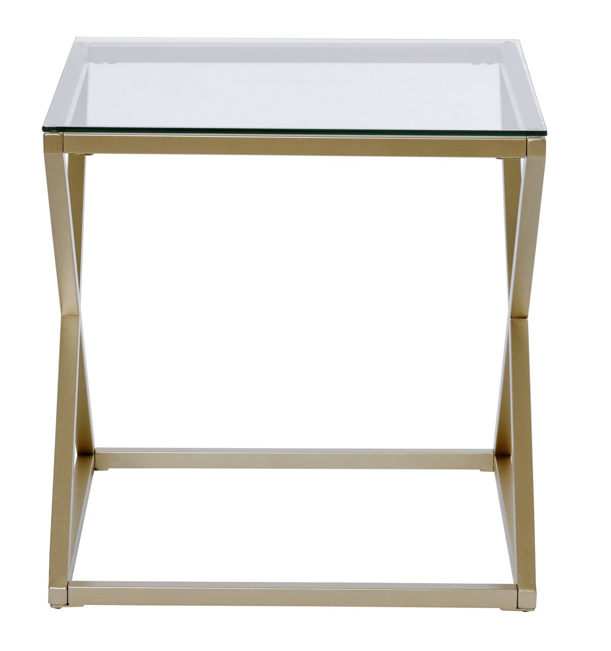 Moderner Beistell- oder Nachttisch mit Glasplatte und goldfarbenem Metallgestell, Frontalansicht.
