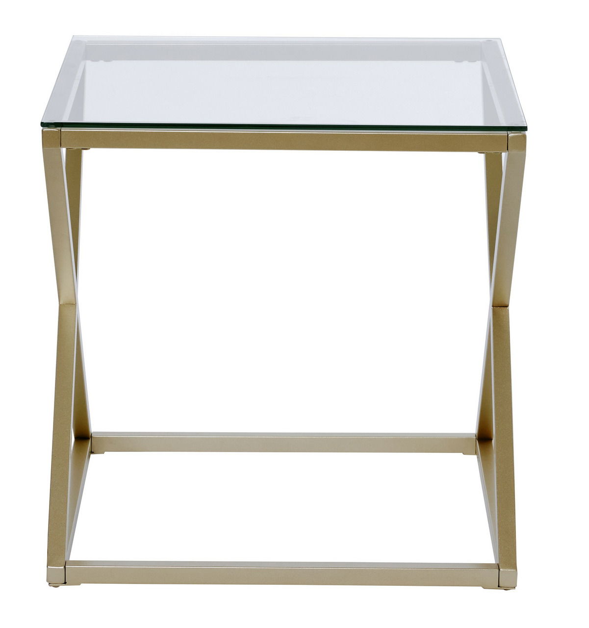 Moderner Beistell- oder Nachttisch mit Glasplatte und goldfarbenem Metallgestell, Frontalansicht.