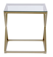 Moderner Beistell- oder Nachttisch mit Glasplatte und goldfarbenem Metallgestell, Frontalansicht.