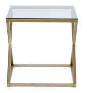Moderner Beistell- oder Nachttisch mit Glasplatte und goldfarbenem Metallgestell, Frontalansicht.