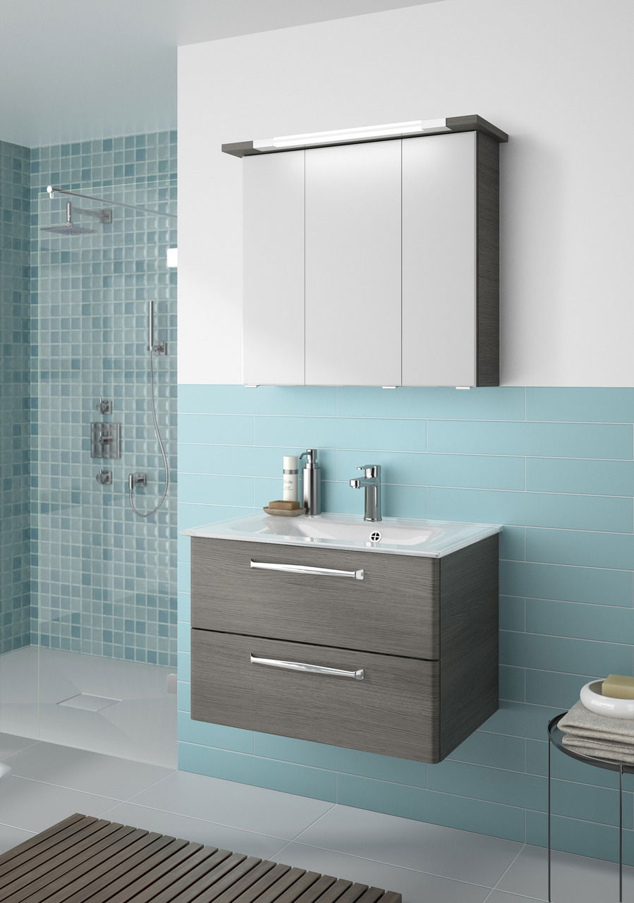 Pelipal Badblock TRENTINO Moderner Badblock mit Waschbecken und Spiegelschrank, seitliche Perspektive