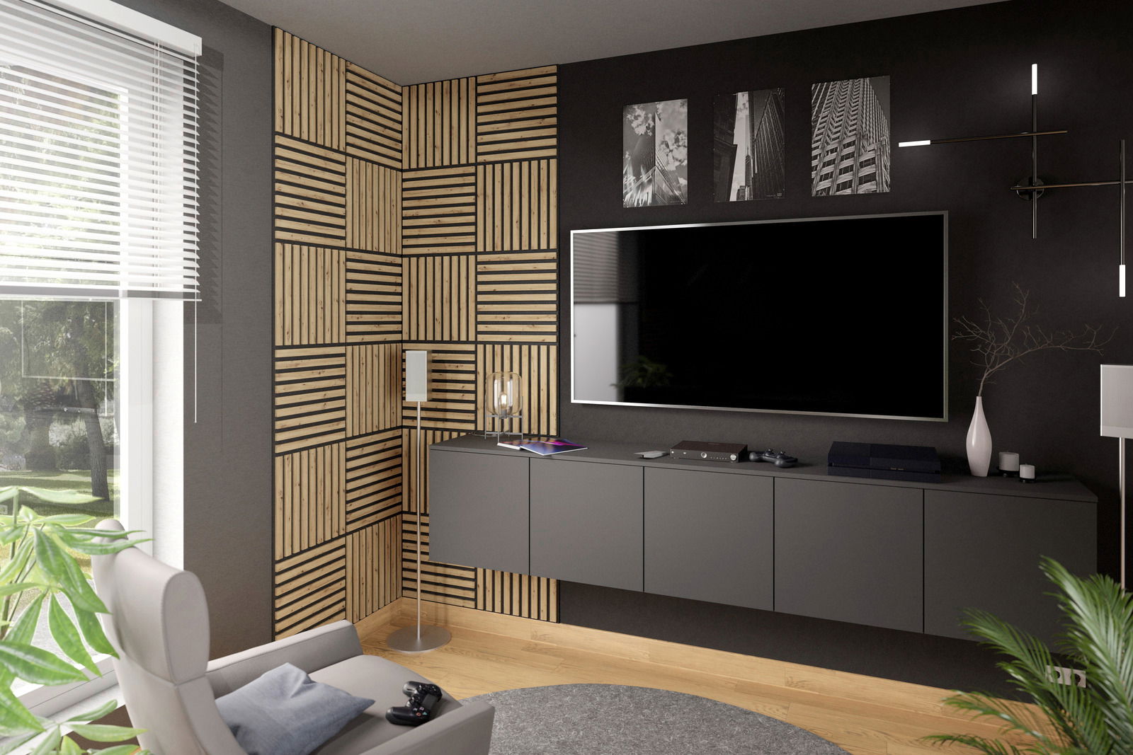 XORA Dekopaneel 6er-Set quadratisch LUND Modernes Wohnzimmer mit Dekopaneel 6er-Set quadratisch an der Wand, seitliche Perspektive