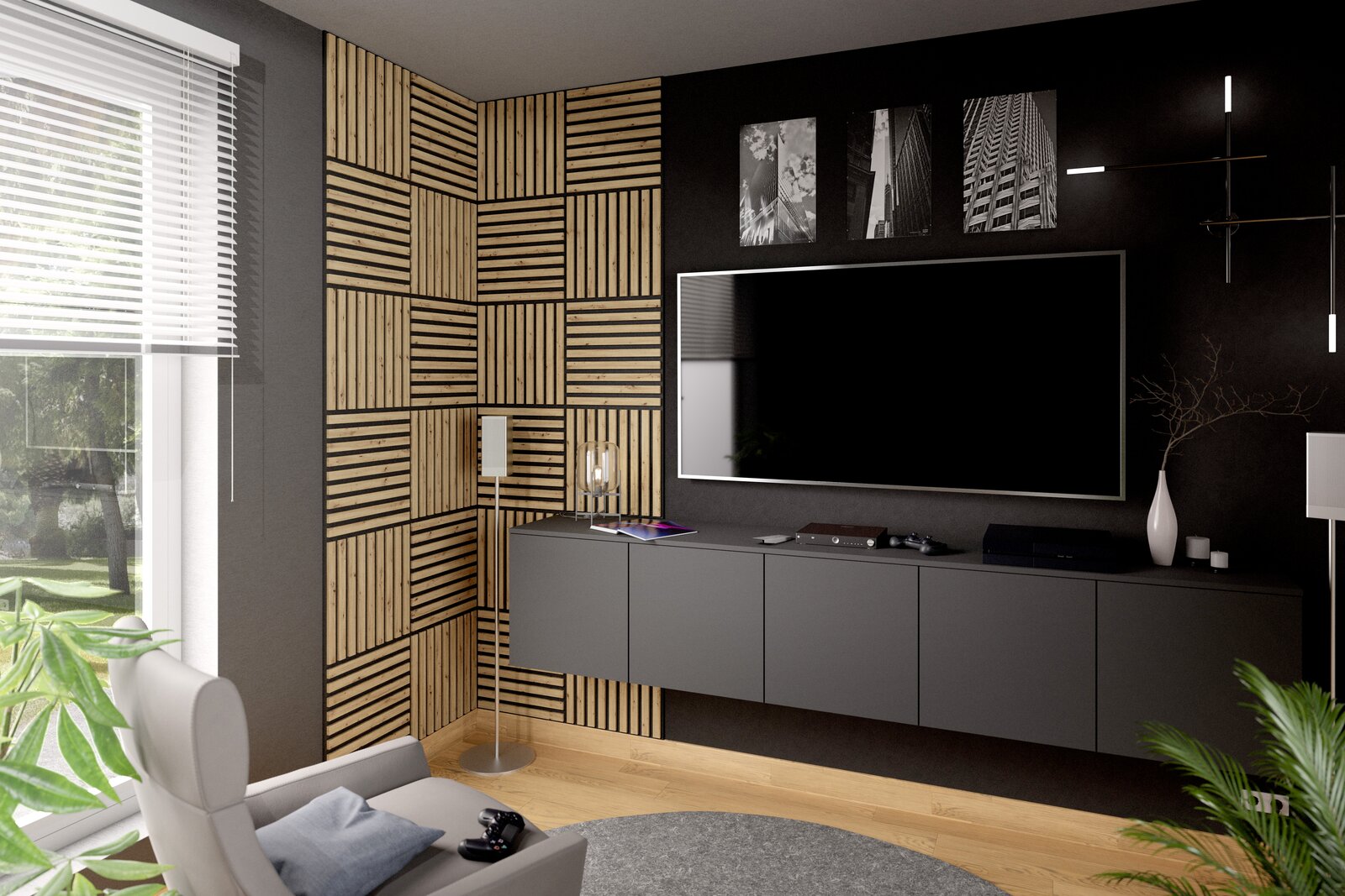 XORA Dekopaneel 6er-Set quadratisch LUND Modernes Wohnzimmer mit Dekopaneel 6er-Set quadratisch an der Wand, seitliche Perspektive