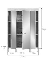 Spiegelschrank mit drei Türen, Holzoptik, Maße: 79 cm hoch, 60 cm breit, 19 cm tief, Frontansicht