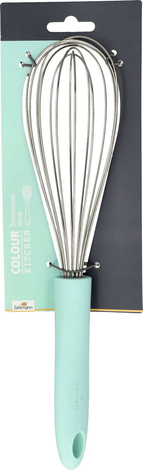 Schneebesen mit mintfarbenem Griff, frontal abgebildet auf einer Verpackungskarte.