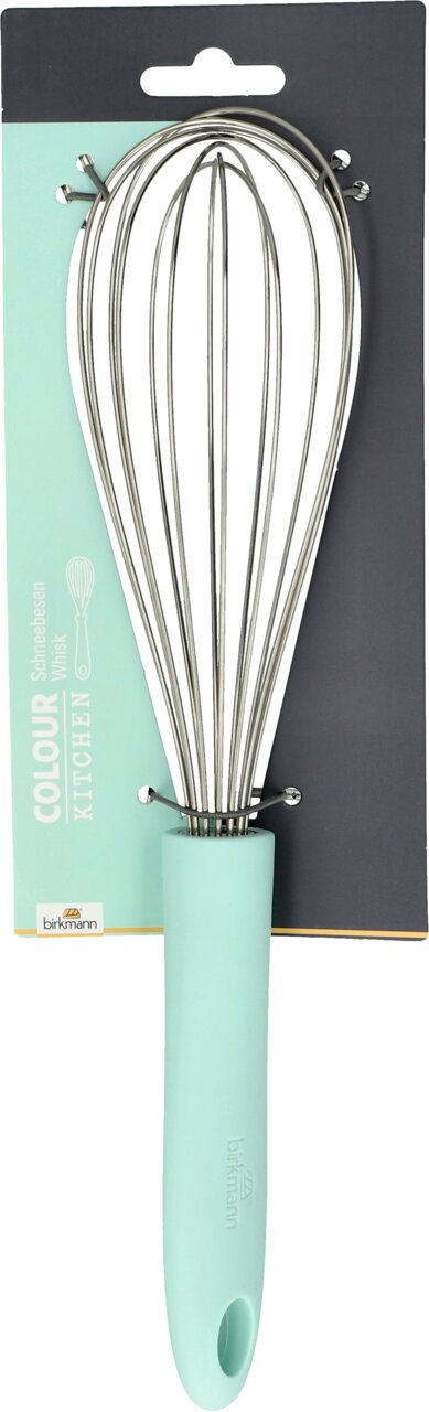 Birkmann Schneebesen COLOUR KITCHEN Schneebesen mit mintfarbenem Griff, frontal abgebildet auf einer Verpackungskarte.