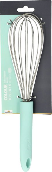 Schneebesen mit mintfarbenem Griff, frontal abgebildet auf einer Verpackungskarte.