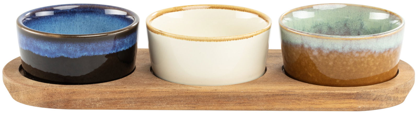 Draufsicht auf ein Akazienbrett mit drei runden Schalen in verschiedenen Farben: Blau, Creme und Grün.