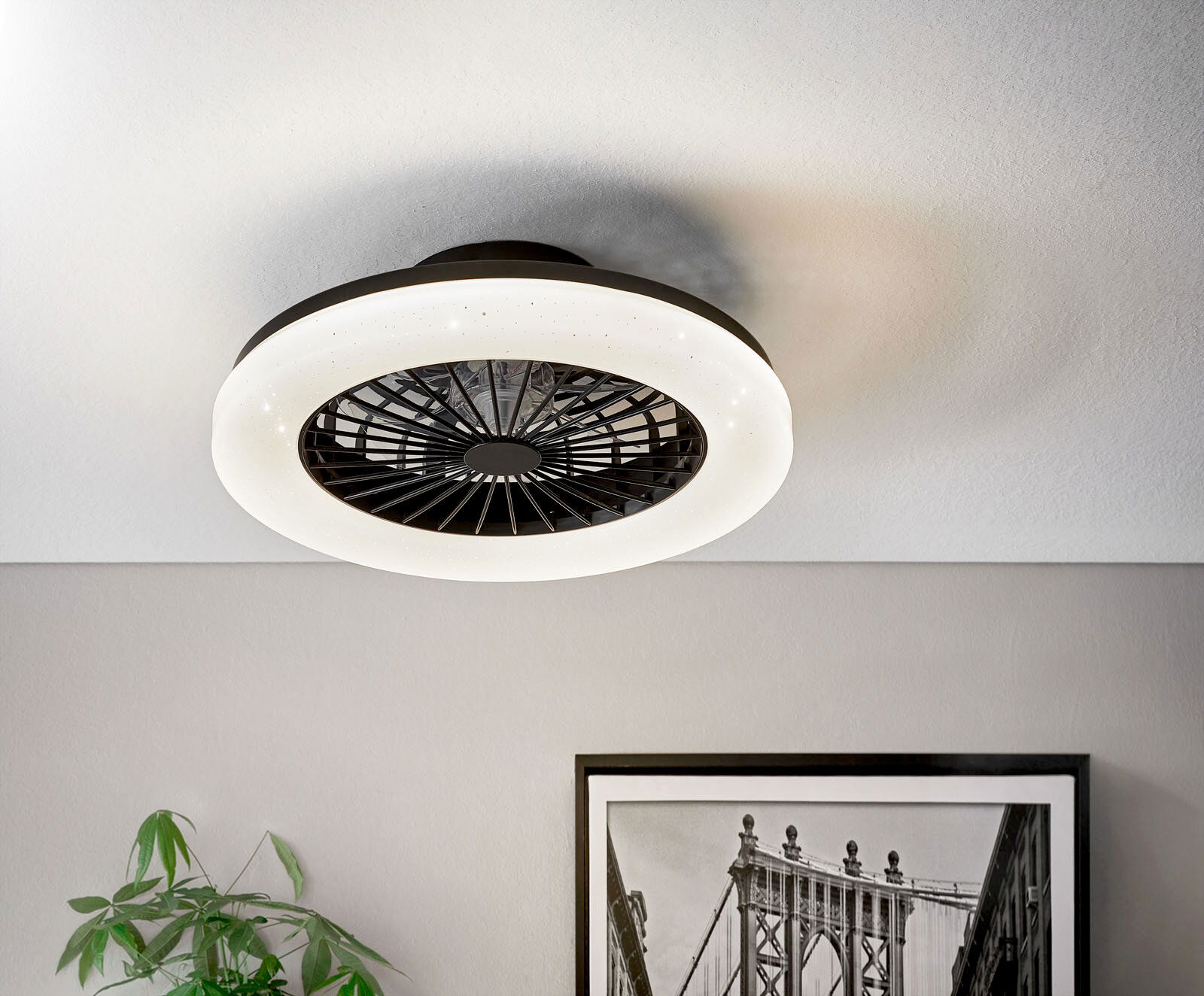 Moderner Deckenventilator mit integriertem Licht, von unten betrachtet, an einer weißen Decke montiert.