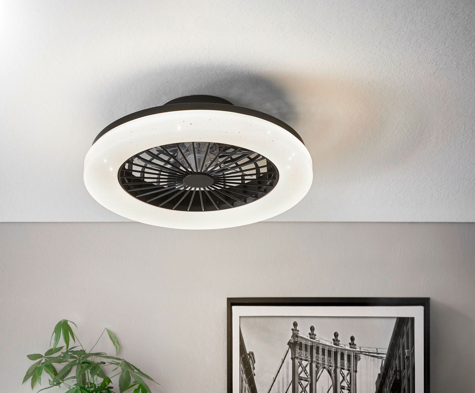 Moderner Deckenventilator mit integriertem Licht, von unten betrachtet, an einer weißen Decke montiert.