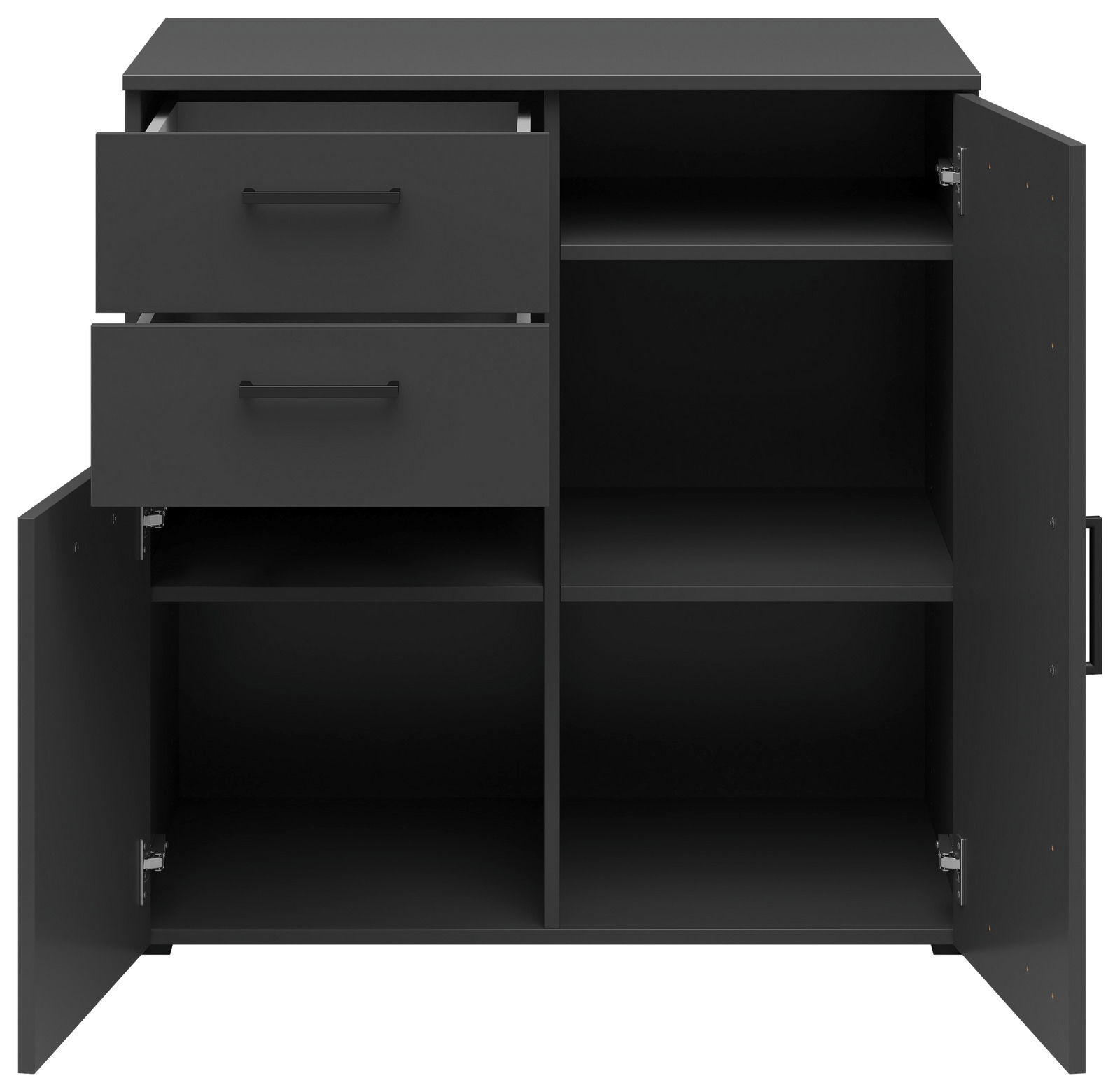 Schwarze Kommode mit zwei offenen Schubladen und zwei offenen Türen, die den Innenraum mit mehreren Fächern zeigen, frontale Perspektive.