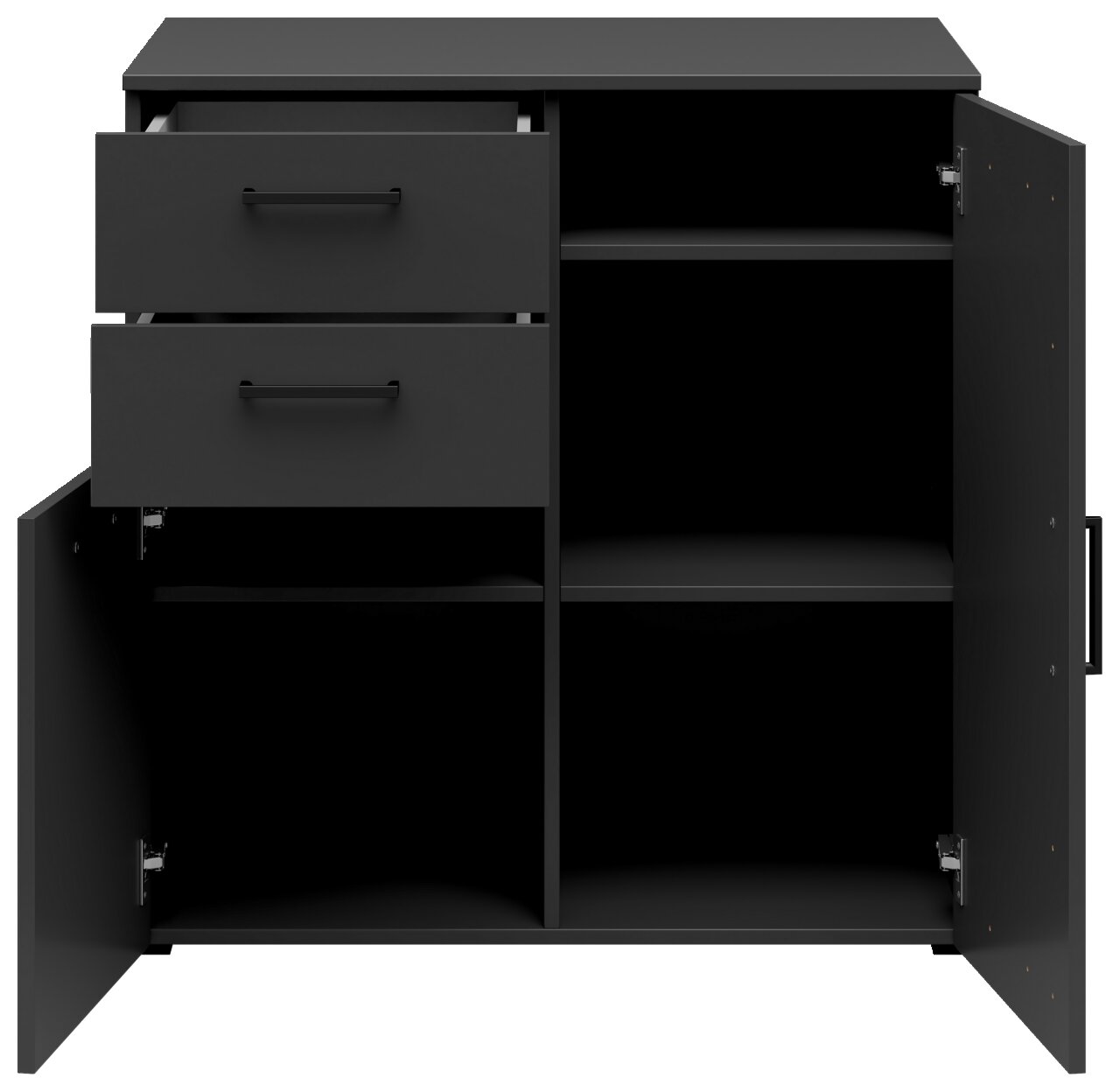 Schwarze Kommode mit zwei offenen Schubladen und zwei offenen Türen, die den Innenraum mit mehreren Fächern zeigen, frontale Perspektive.