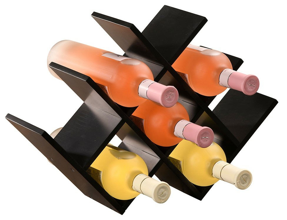 Schwarzes Weinregal aus MDF mit Platz für sechs Flaschen, seitliche Perspektive