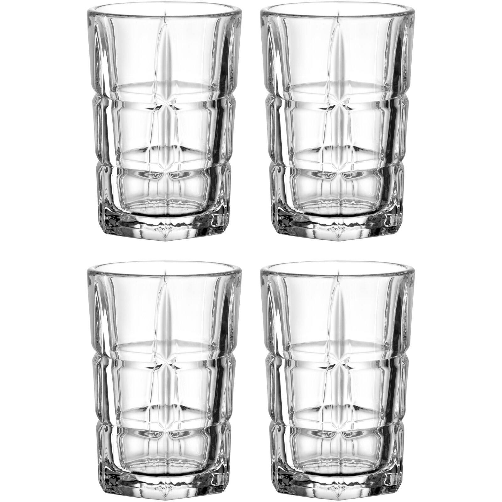 Leonardo Glas-Set 4-tlg. SPIRITII NOVA Vier transparente Trinkgläser mit facettiertem Design und dickem Glasboden, frontal in Studioansicht vor weißem Hintergrund