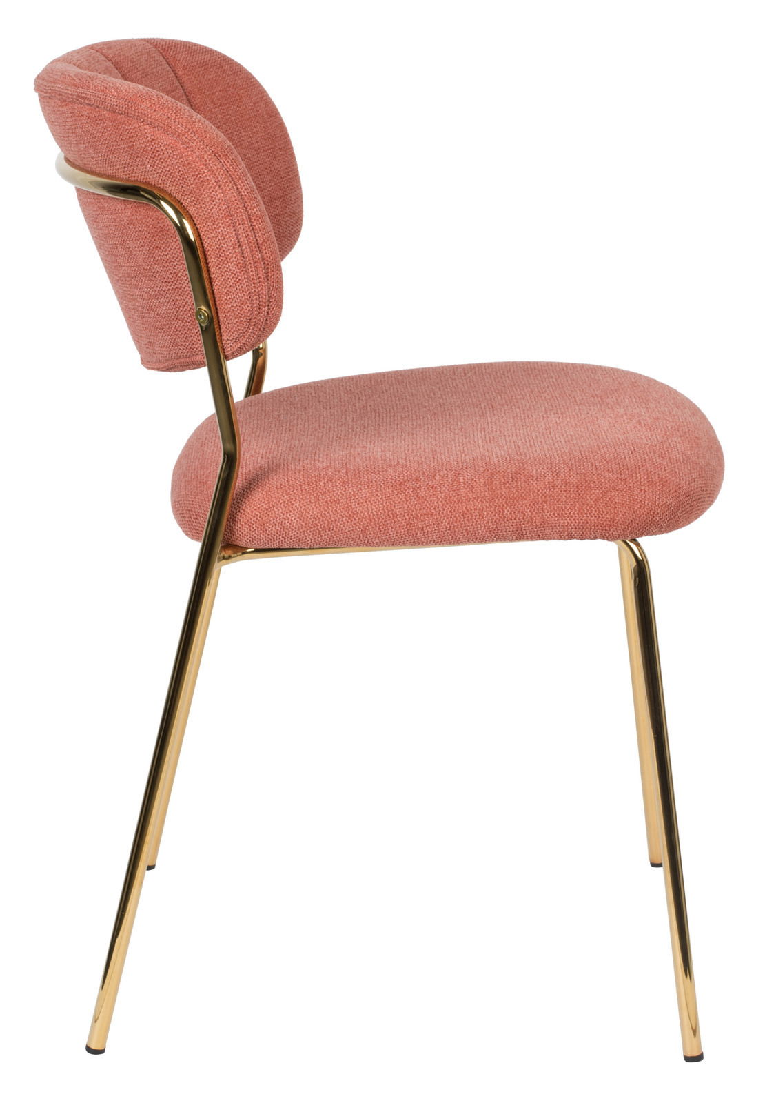 Seitenansicht eines modernen Stuhls mit rosafarbenem Stoffbezug und goldenen Metallbeinen.