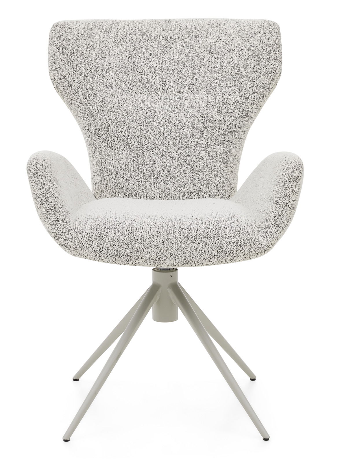 Moderner Armlehnstuhl mit grauem Stoffbezug und Metallgestell, Frontalansicht