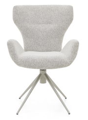 Moderner Armlehnstuhl mit grauem Stoffbezug und Metallgestell, Frontalansicht