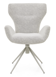 Moderner Armlehnstuhl mit grauem Stoffbezug und Metallgestell, Frontalansicht