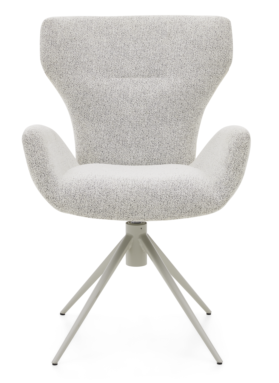 Moderner Armlehnstuhl mit grauem Stoffbezug und Metallgestell, Frontalansicht